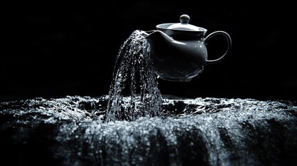 Wall Mural -   A monochrome image of a teapot pouring water into a body of water, featuring a stream of water flowing from the spout