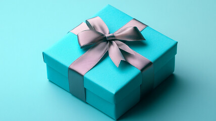 A bright blue gift box tied with satin ribbon sits elegantly against soft turquoise background, perfect for any special occasion