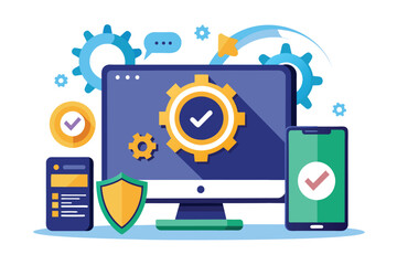 a flat illustration displays a computer and phone undergoing security updates with gears and checkma