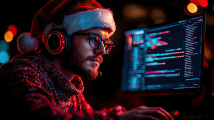 A person in a Santa hat is focused on coding at their computer, illuminated by colorful holiday lights during the festive season