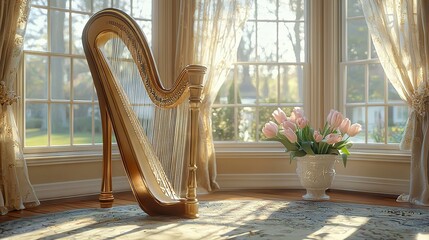   A vase of tulips sits beside a harp, framed by window drapes