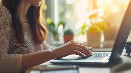 Wall Mural - A woman types on a laptop in a bright, plant-filled space, capturing a moment of productivity and creativity.