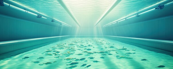 A serene underwater scene showcasing a pool filled with fish, illuminated by soft light beams, ideal for aquatic themes.