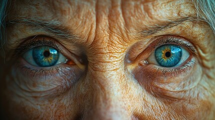 Poster -   A close-up of a person's eyes, showing blue and yellow irises