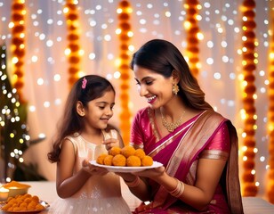 Happy young indian girls wearing traditional cloths having laddu or laddoo sweet celebration diwali festival together isolated on studio background.Female friends or sisters have fun together