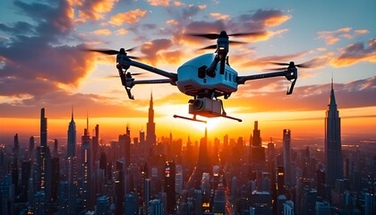 Futuristic city skyline bathed in sunset, showcasing drone delivery service transporting parcels seamlessly through the vibrant urban landscape