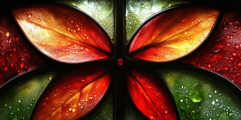 Poster - Stained glass art depicting a stylized flower with intricate details, featuring vibrant red, orange, and green hues, enhanced by a subtle play of light through the glass.