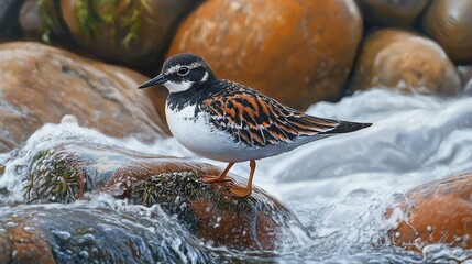 Canvas Print - A Bird Perched on a Rock in a Stream