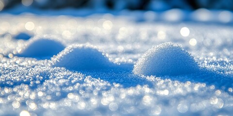 Poster - A close-up view of a snowdrift illuminated by the sun, showcasing the intricate patterns of ice crystals and a delicate bokeh effect.