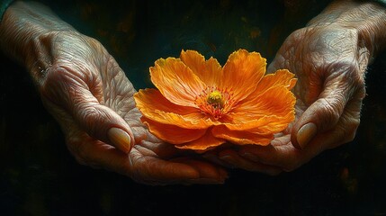 Wall Mural -   An image of a person holding a flower with their outstretched hand against a dark background