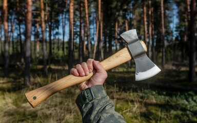 Hand holding axe in forest. Lumberjack and logging industry