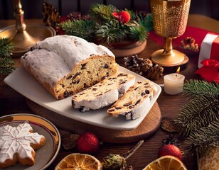 traditional stollen with decoration on wooden background