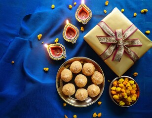 diwali festival sweets with diya lamp and gift box on the table, 2024 happy diwali greeting image