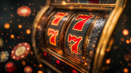 Jackpot slots machine with vibrant red sevens, surrounded by glowing casino chips, evokes excitement and fortune in thrilling gaming atmosphere