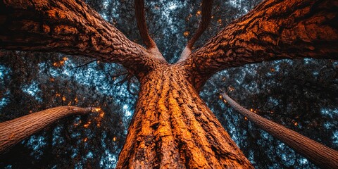 Sticker - A towering tree trunk reaching towards the sky, its rough bark bathed in warm sunlight, surrounded by a canopy of lush green leaves.