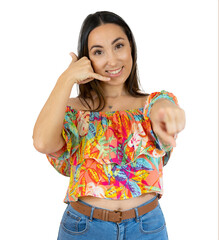 Young woman in casual clothes making call gesture over transparent background