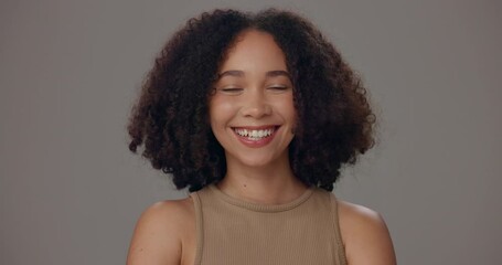 Canvas Print - Portrait, haircare and woman with smile, natural afro and confidence on grey studio background. Face, happy model and satisfaction with cosmetic, salon grooming and treatment for beauty glow