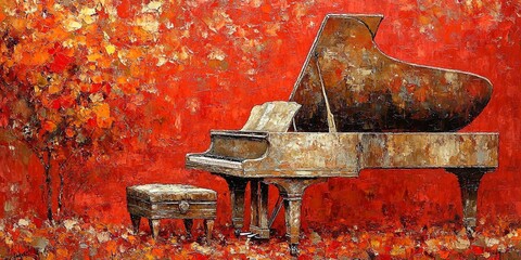 Sticker - A solitary grand piano rests in the warm embrace of autumnal hues, its ivory keys gleaming in the soft glow of the setting sun.