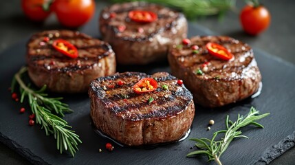 Sticker - Grilled beef steaks garnished with herbs and cherry tomatoes on a dark serving platter