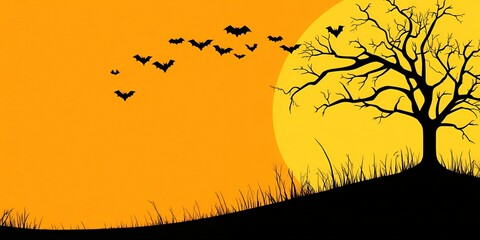 Poster - Silhouettes of bats fly past a bare tree in a spooky Halloween scene.