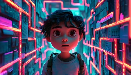 animated character navigating a vibrant neon cyber security labyrinth in a striking digital world