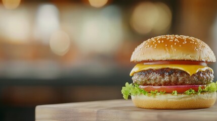 Sticker - Delicious cheeseburger with lettuce and tomato served on a wooden table in a cozy restaurant setting