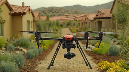 A red and black drone hovers over a gravel path, the backdrop a picturesque suburban neighborhood with lush greenery and flower beds