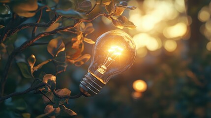 Canvas Print - A light bulb resting on tree branches, glowing softly, symbolizing the blend of natural and renewable energy.