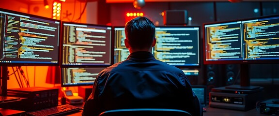 Wall Mural - Cinematic shot of an IT worker in a dark blue shirt sitting at a desk with multiple monitors displaying code, facing away from the camera, surrounded by high-tech equipment and digital data streams.	
