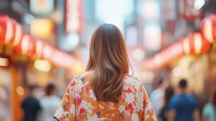 A woman walks through a vibrant street decorated with lanterns in a bustling alley at night, capturing the lively atmosphere of local culture.