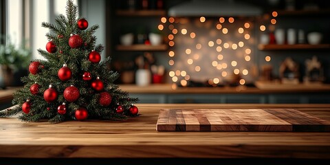 Festive Christmas Tree with Red Ornaments on a Wooden Tabletop with Blurry Festive Lights in the Background