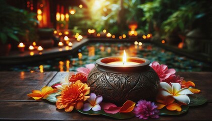 A decorative clay pot holding a flickering candle, surrounded by vibrant flower petals, glowing softly in the dim light of a peaceful evening, set in a lush garden filled with greenery