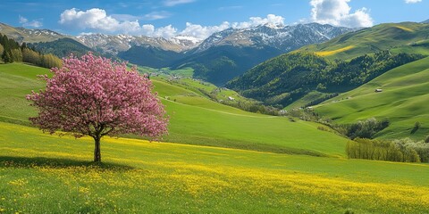 Canvas Print - Pink flowering tree in a lush green valley with snow capped mountains in the background.