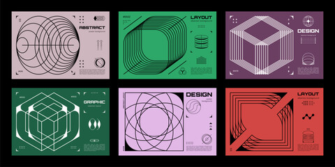 Abstract Brutalism posters and banners with wireframe isometric 3D shapes, vector backgrounds. Brutal Y2K posters with abstract geometric shapes and wireframe grid or line elements in brutalism art