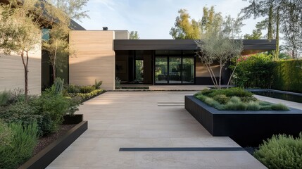 Wall Mural - Minimalistic yard with travertine slab flooring and black concrete planters