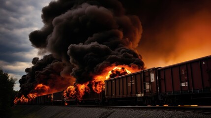 A raging fire engulfs a train on tracks under a stormy sky, highlighting the intensity and danger of the scene.