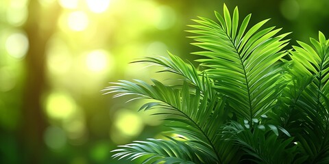 Wall Mural - Lush green palm fronds with soft sunlight filtering through the leaves, creating a natural and serene backdrop