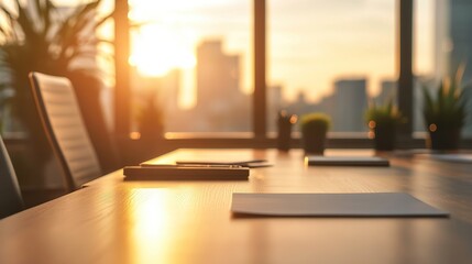 Canvas Print - A modern conference room with a wooden table, plants, and a warm sunset illuminating the cityscape through large windows.