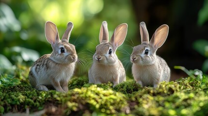 Poster - Three Adorable Bunnies in a Lush Forest Setting