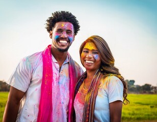 Festival of holi and technology concept - young couple making selfie at the festival