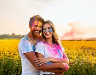 Festival of holi and technology concept - young couple making selfie at the festival