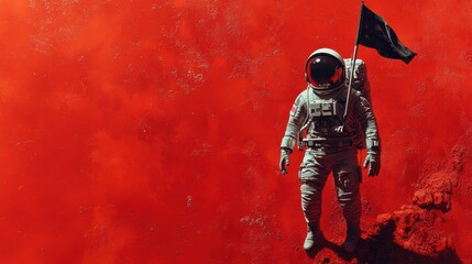 An astronaut explores a vibrant red landscape, symbolizing adventure, discovery, and the vastness of space, background with copy space