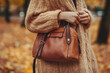 © Nadezda Ledyaeva - The concept of fashion, style and people is a close-up of a woman with a stylish shoulder bag in an autumn park
