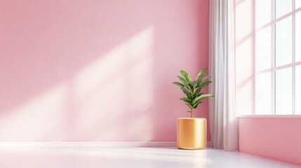 Wall Mural - Elegant indoor plant decor in a soft pink room with bright sunlight streaming through windows