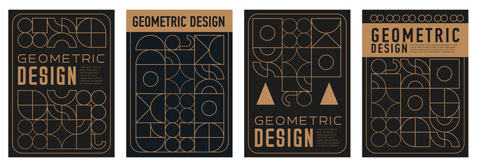 Wall Mural - Abstract modern geometric posters with black gold minimal art patterns of vector squares, circles, triangles and arches. Simple geometric shapes compositions for business poster or brochure templates