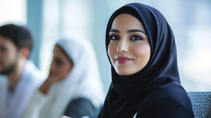 Confident young Middle Eastern businesswoman participating in a formal business meeting, showcasing professional attire and engaged in corporate discussions. 