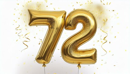 Gold birthday / anniversary balloon, number 72, white background with confetti