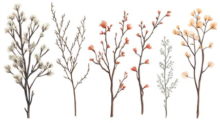 Wall Mural - Selection of Natural Branch Elements. Bouquet Collection Elements Isolated on a White Background 