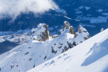 Wall Mural - high rocks and snow. winter mountain landscape. wallpaper or background. cold weather and frost. a p