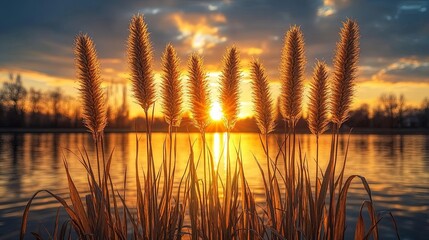 Sticker - Silhouettes of grass stalks bathed in the golden glow of a setting sun, reflecting on the tranquil surface of a nearby body of water